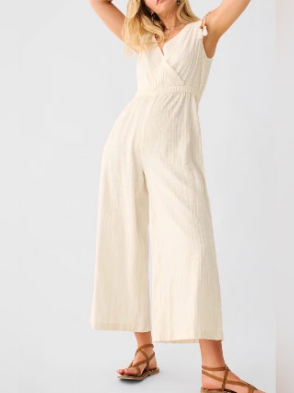 Faherty Cream Wide-Leg V-Neck Jumpsuit